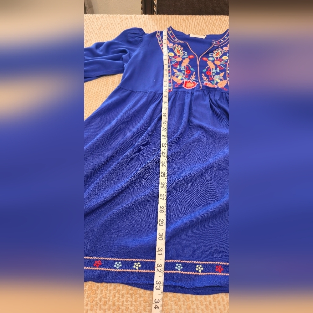 Solitaire Royal Blue Embroidered Bohemian Peasant Dress With Pockets Size Large - Picture 5 of 13